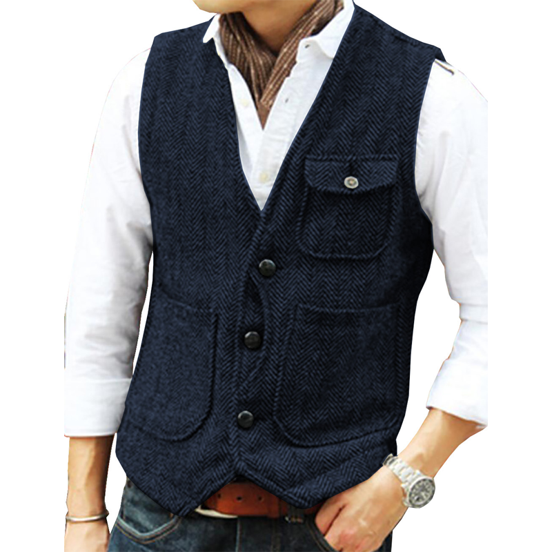 🎩 Classic Texture, Polished Look | Men's Herringbone Tweed Multi-Pocket Vest