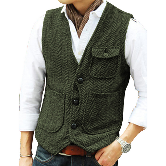 🎩 Classic Texture, Polished Look | Men's Herringbone Tweed Multi-Pocket Vest