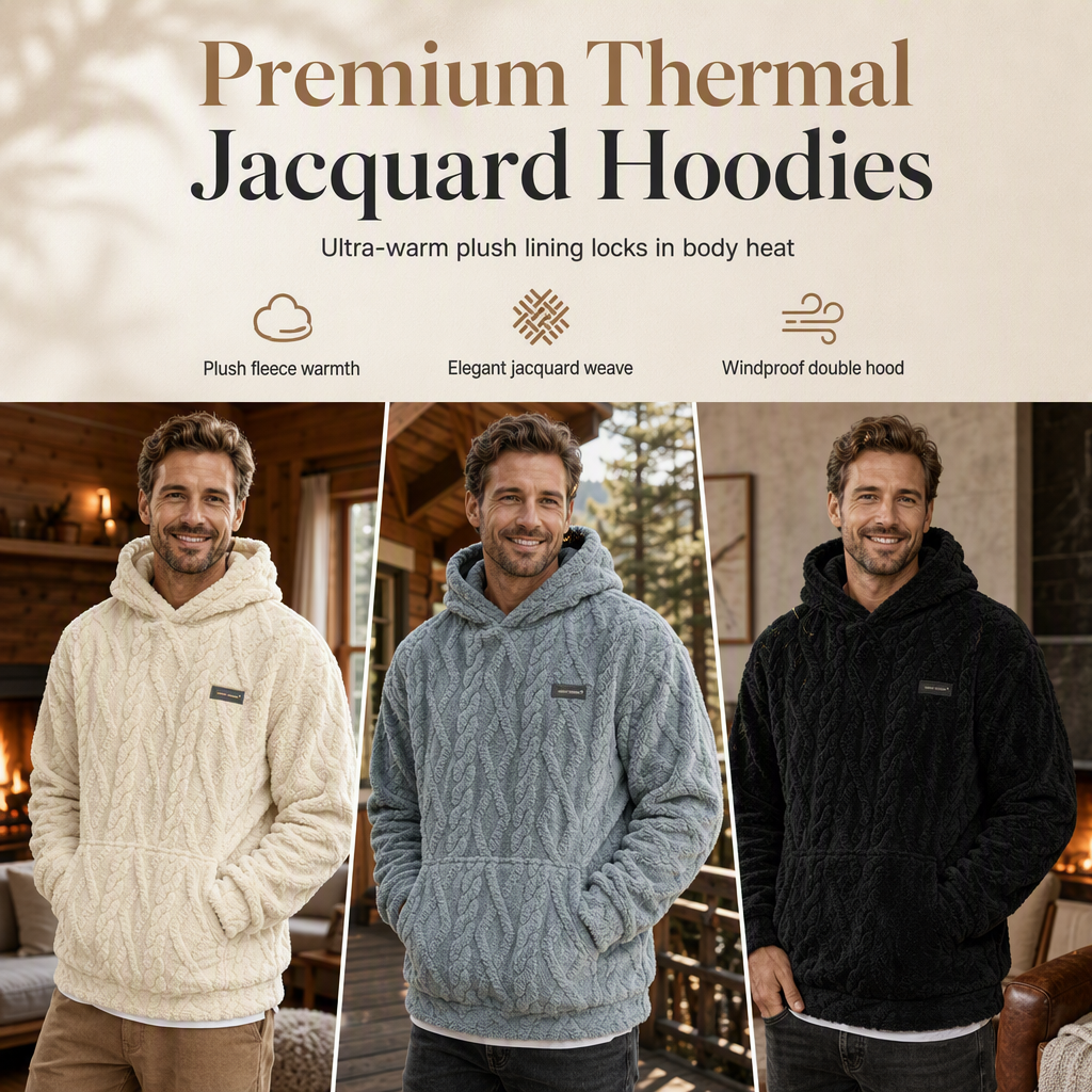 Men's Winter Fleece Lined Hoodie Jacquard Pattern Long Sleeve Pullover Sweatshirt for Casual Outdoor Wear