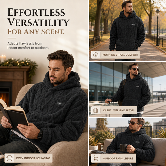 Men's Winter Fleece Lined Hoodie Jacquard Pattern Long Sleeve Pullover Sweatshirt for Casual Outdoor Wear