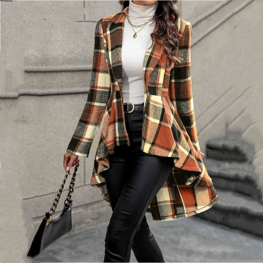 ✨ Statement Tailoring | Women's Plaid High-Low Peplum Coat with Cinched Waist