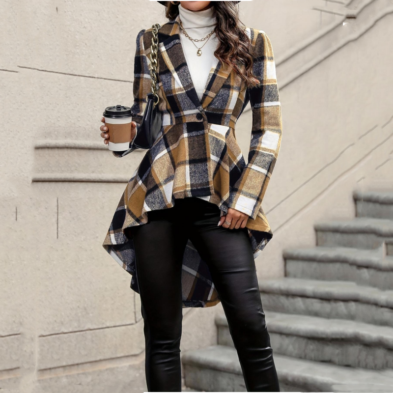 ✨ Statement Tailoring | Women's Plaid High-Low Peplum Coat with Cinched Waist
