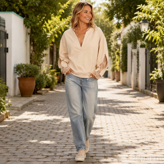 🌸 Lace Detail, Elegant Slit Sleeves | Women's V-Neck Relaxed Top