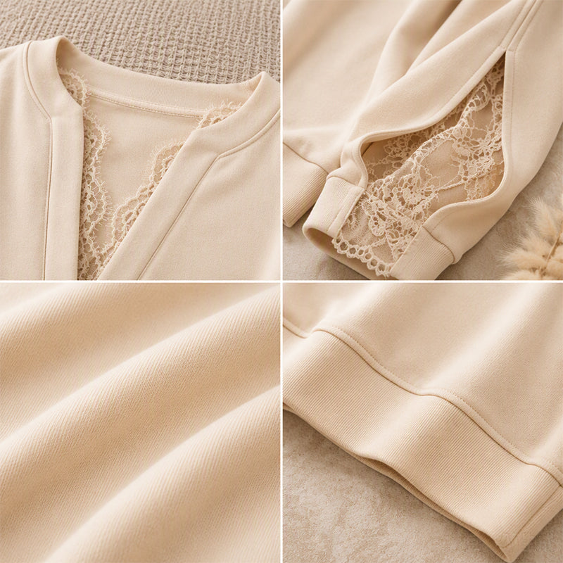 🌸 Lace Detail, Elegant Slit Sleeves | Women's V-Neck Relaxed Top