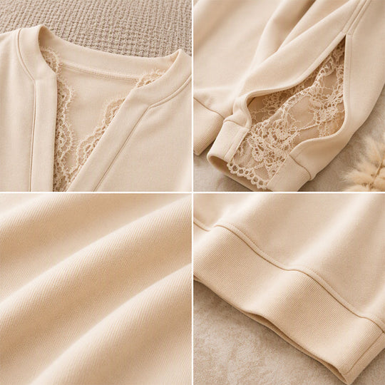 🌸 Lace Detail, Elegant Slit Sleeves | Women's V-Neck Relaxed Top