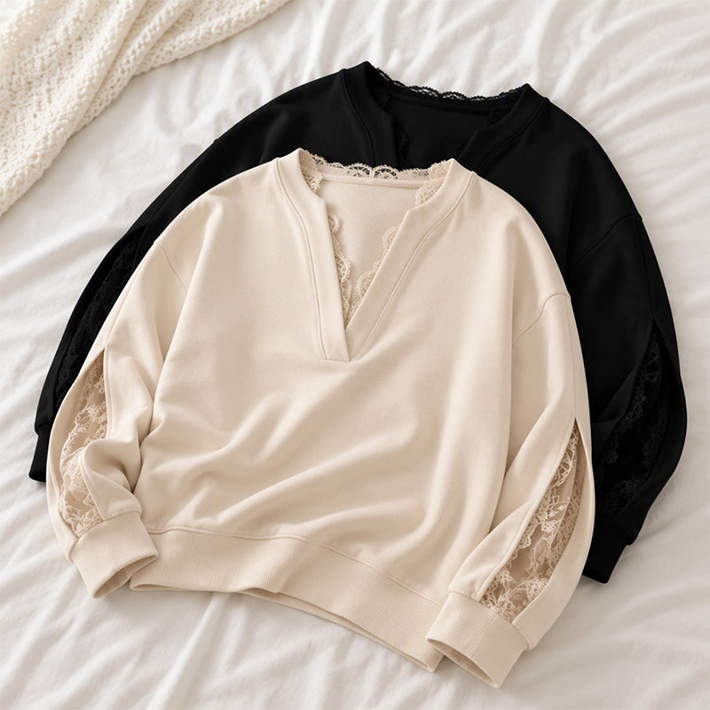 🌸 Lace Detail, Elegant Slit Sleeves | Women's V-Neck Relaxed Top
