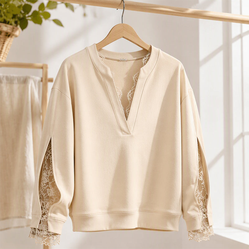 🌸 Lace Detail, Elegant Slit Sleeves | Women's V-Neck Relaxed Top