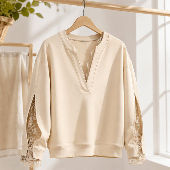 🌸 Lace Detail, Elegant Slit Sleeves | Women's V-Neck Relaxed Top