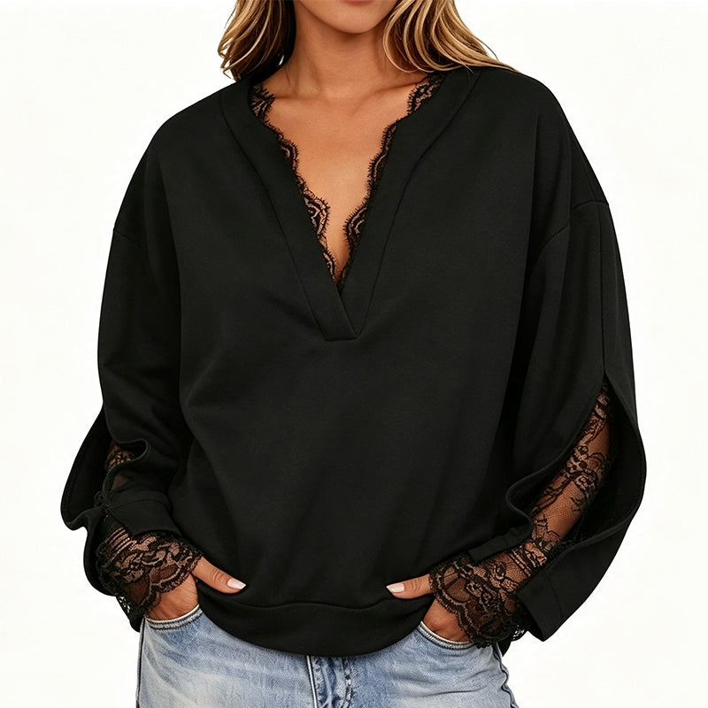🌸 Lace Detail, Elegant Slit Sleeves | Women's V-Neck Relaxed Top