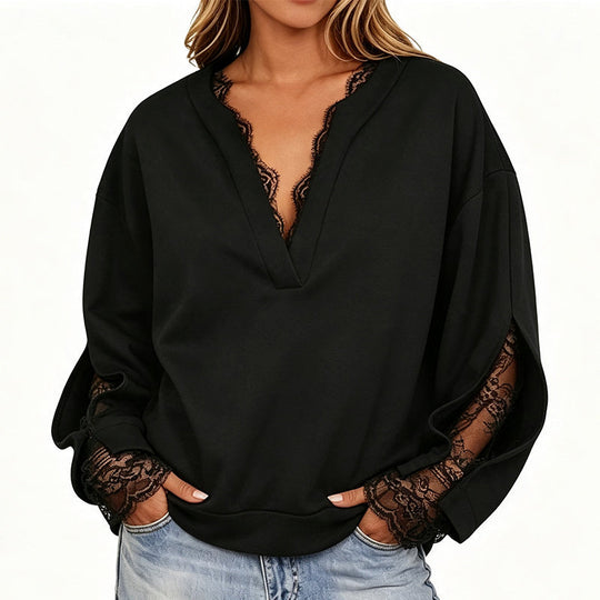 🌸 Lace Detail, Elegant Slit Sleeves | Women's V-Neck Relaxed Top