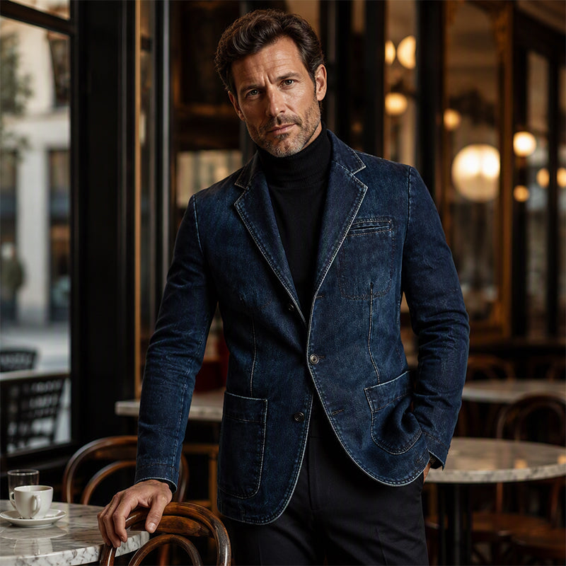 👔 Denim Meets Tailoring | Men’s Slim-Fit Structured Denim Blazer