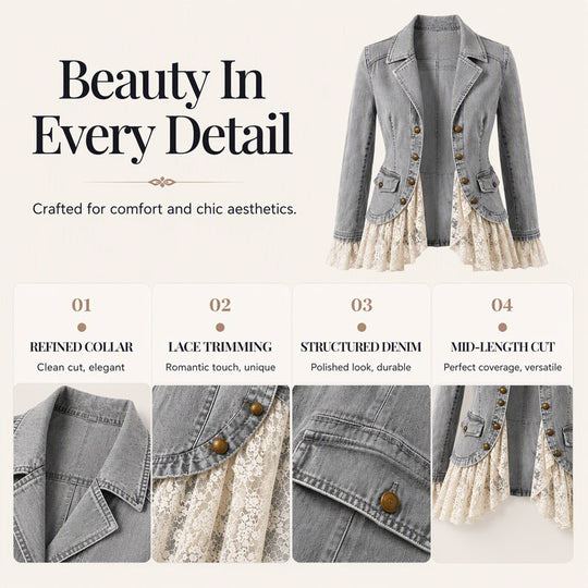 Women's Notch Lapel Denim Jacket with Lace Hem