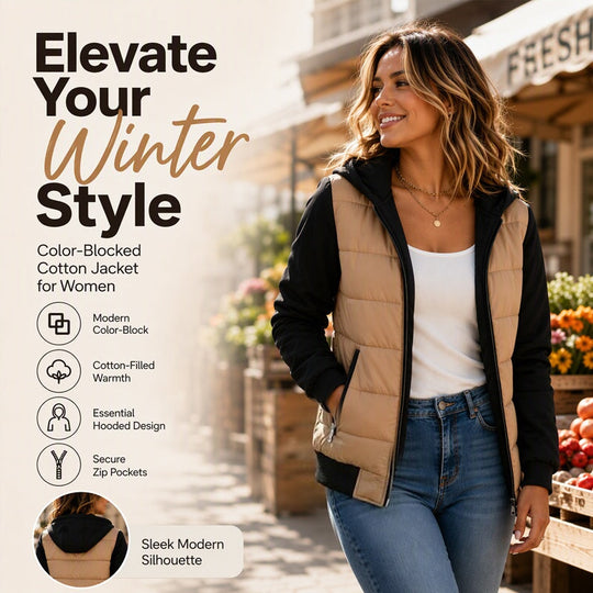 👜 50% off all women's fashion! ✨ Women's hooded quilted jacket with color blocks