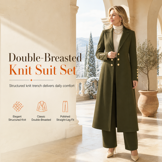 Women's Elegant Autumn 2 Piece Outfit Set with Retro Long Sleeve Coat and Simple Trousers