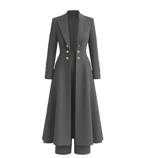 Women's Elegant Autumn 2 Piece Outfit Set with Retro Long Sleeve Coat and Simple Trousers