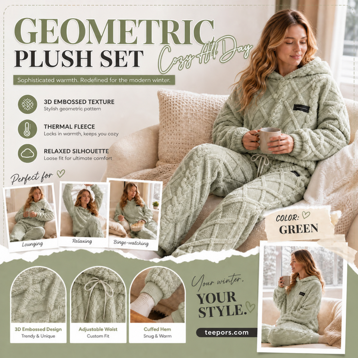 Green embossed plush two-piece set