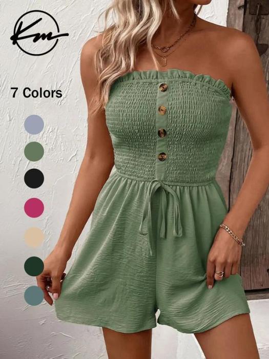 👗 LIMITED-TIME 50% OFF! 💐Women's Strapless Frill Trim Shirred Tie Front Wide Leg Tube Romper