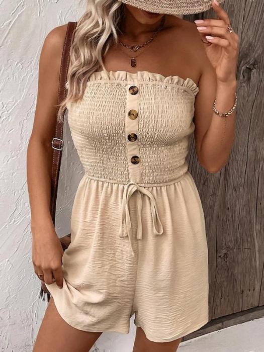 👗 LIMITED-TIME 50% OFF! 💐Women's Strapless Frill Trim Shirred Tie Front Wide Leg Tube Romper