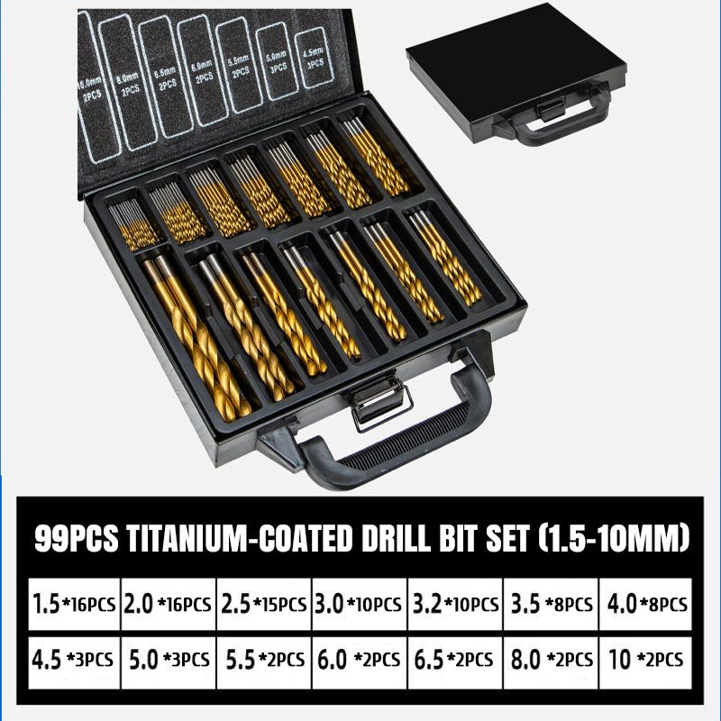 Juego de brocas de acero de alta velocidad chapadas en titanio (múltiples conjuntos de especificaciones)