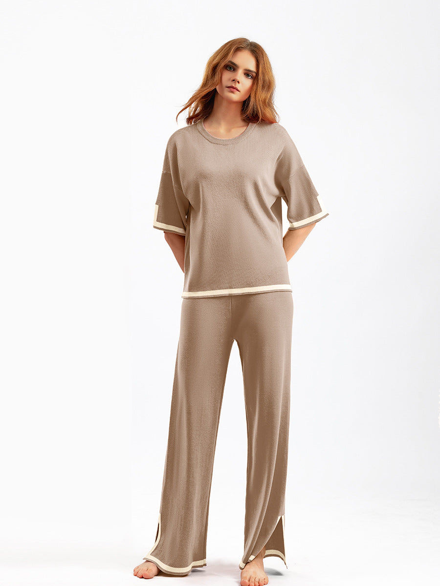 Round Neck Short-sleeve Top Pants Splicing Two-piece Suit