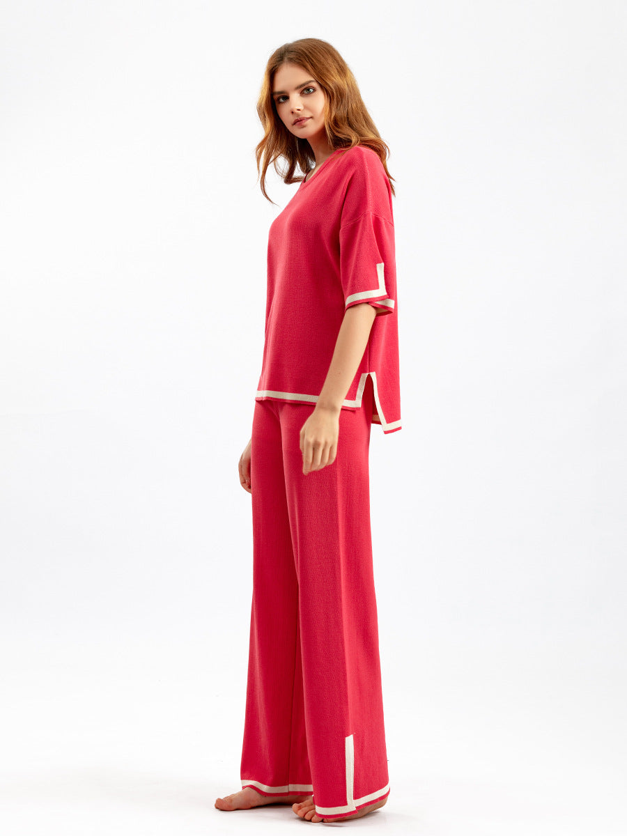 Round Neck Short-sleeve Top Pants Splicing Two-piece Suit