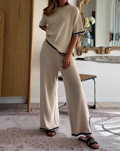 Round Neck Short-sleeve Top Pants Splicing Two-piece Suit