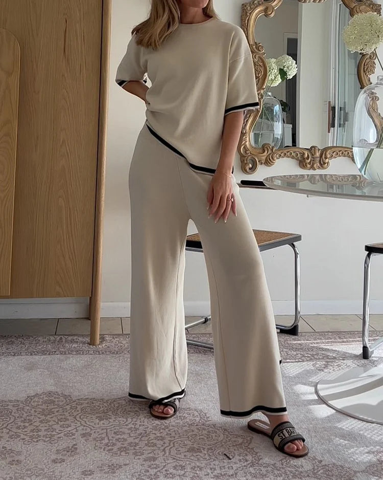 Round Neck Short-sleeve Top Pants Splicing Two-piece Suit