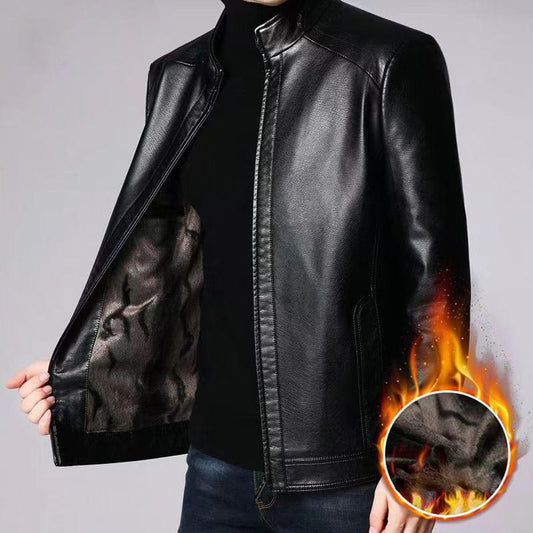 Men’s Warm Plush Lining Leather Jacket Coat