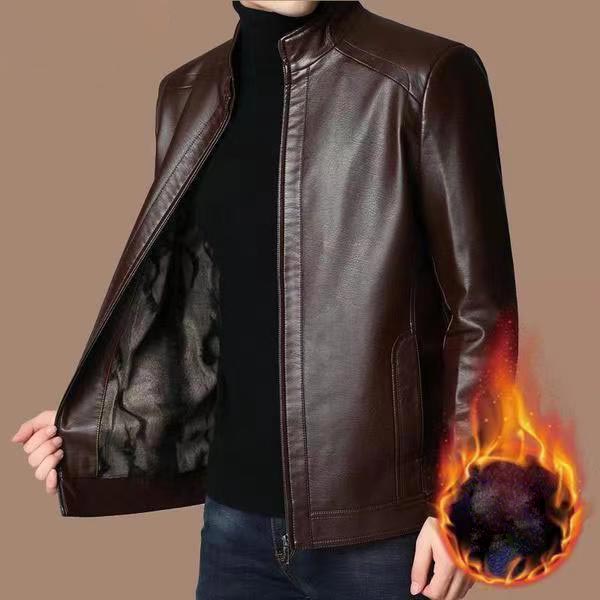 Men’s Warm Plush Lining Leather Jacket Coat