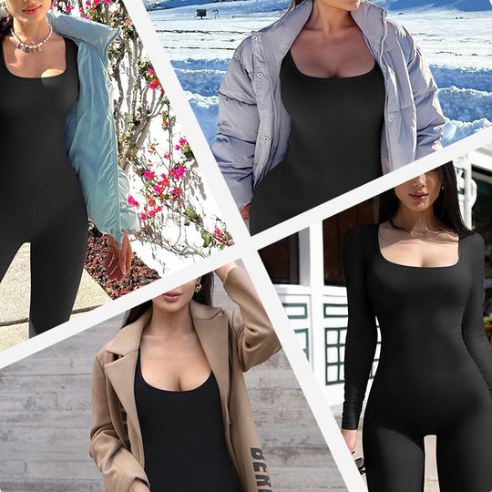 🎁Dovana jai🎅 Moteriškas ilgomis rankovėmis kvadratinės iškirptės plačių kojų kombinezonas