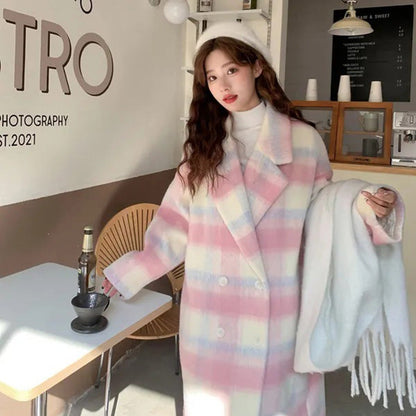 Women's Plaid Synthetic Wool Loose Fit Long Coat