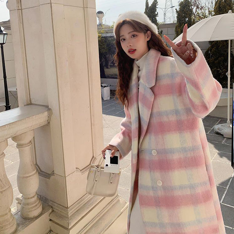 Women's Plaid Synthetic Wool Loose Fit Long Coat