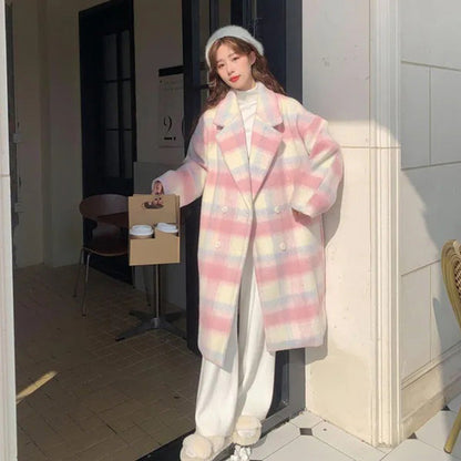 Women's Plaid Synthetic Wool Loose Fit Long Coat